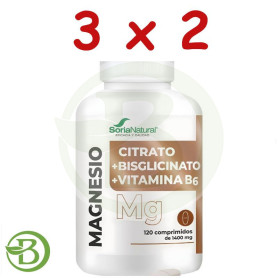 Pack 3x2 Citrato Magnesio+Bisglicinato+B6 120 Comprimidos Soria Natural