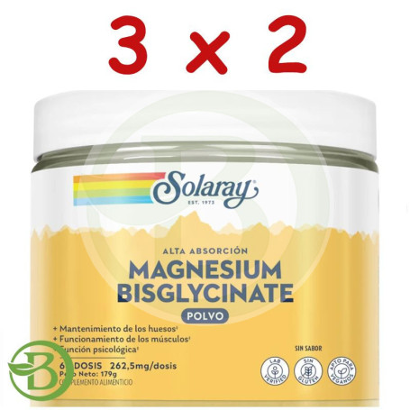 Pack 3x2 Bisglicinato De Magnesio en Polvo 179G Solaray