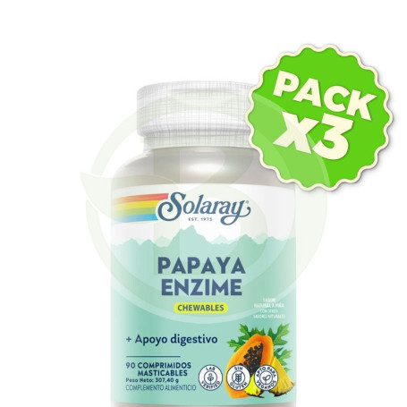 Pack 3x Papaya Enzyme 90 Comprimidos Masticables Sabor Piña Solaray